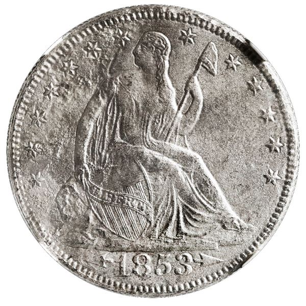 UNITED STATES, Philadelphia mint, Seated Liberty half dollar, 1853, with arrows and rays, NGC Shipwr
