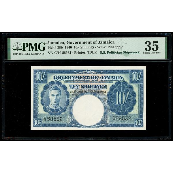 JAMAICA, 10 shillings, George VI, 1-11-1940, serial C/10 58532, PMG Choice VF 35 (S.S. Politician Sh