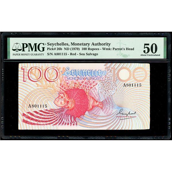 SEYCHELLES, Seychelles Monetary Authority, 100 rupees, (1979), serial A801115, PMG AU 50 / sea salva