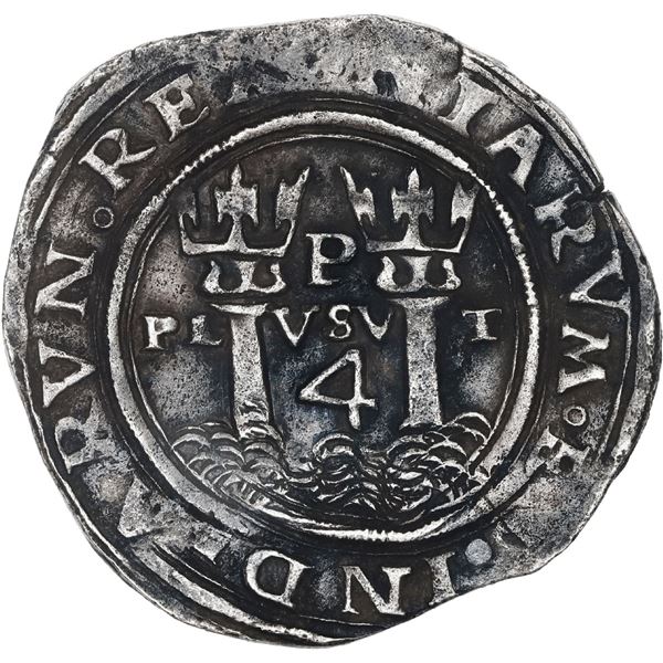 PERU, Lima, 4 reales, Philip II, assayer R (Rincón) to left, motto PL-VSV-T, legends HISPANIA /  NIA