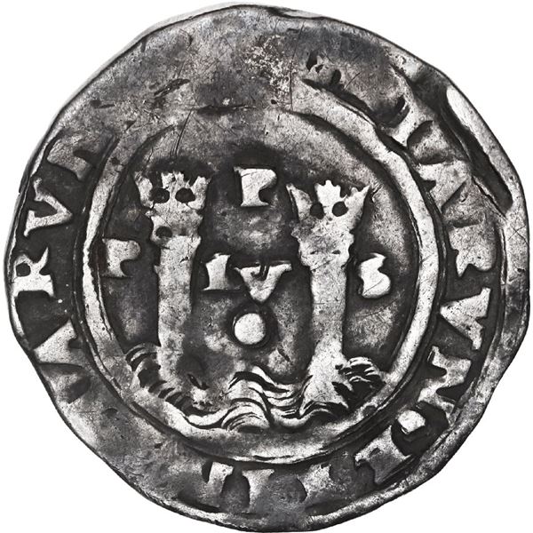 PERU, Lima, 1 real, Philip II, assayer R (Rincón) to left, motto P-LV-S above dot, legends HISPA / N