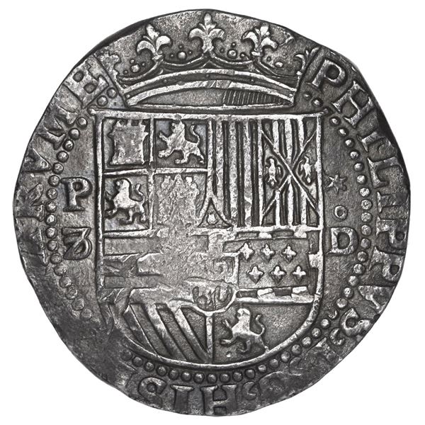 PERU, Lima, cob 8 reales, Philip II, assayer Diego de la Torre, P-8 (open left top) to left, *-oD to