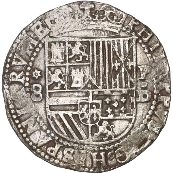 PERU, Lima, cob 8 reales, Philip II, assayer Diego de la Torre, *-8 (round top) to left, P-oD to rig