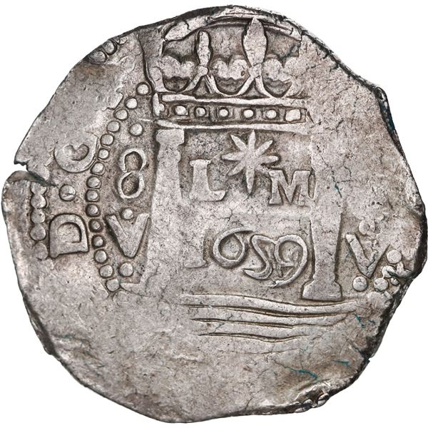 PERU, Lima, cob 8 reales, 1659 V, mintmark L*M, •8•V to left and right, rare, ex-Woodside.