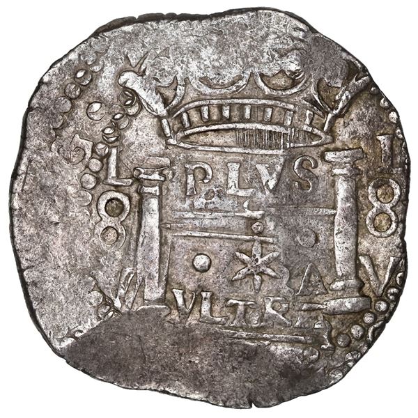 PERU, Lima, cob 8 reales, 1660 V, date below VLTRA, reverse legend rotated 90 degrees clockwise, ver