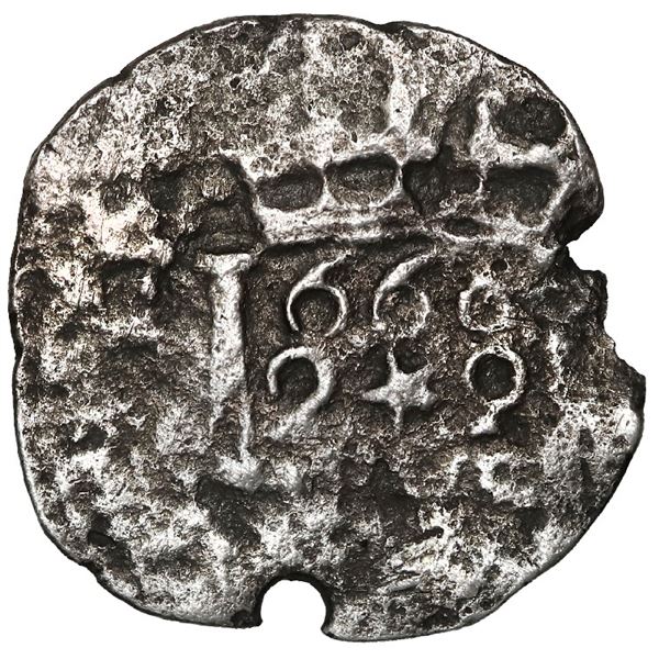PERU, Lima, cob 2 reales, 1660 V, date above 2*2, unique, ex-Ponte.