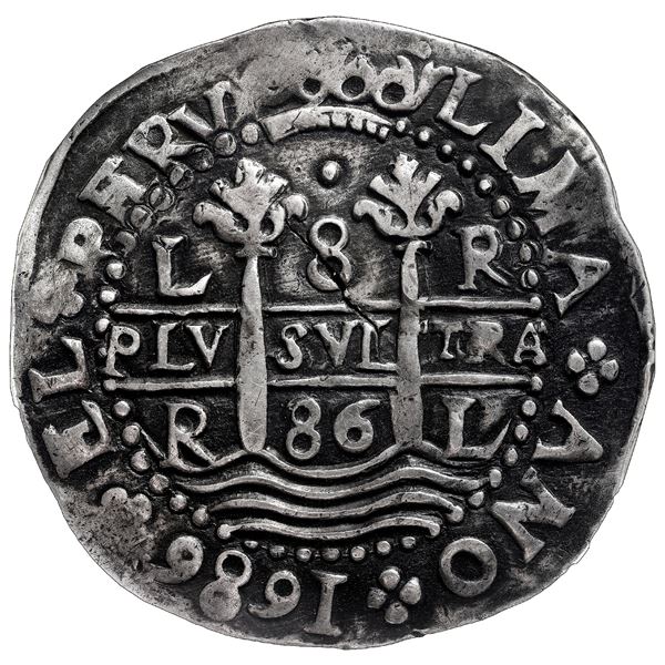 PERU, Lima, cob 8 reales Royal (galano), 1686 R, extremely rare, NGC XF 40 (oversized slab), finest