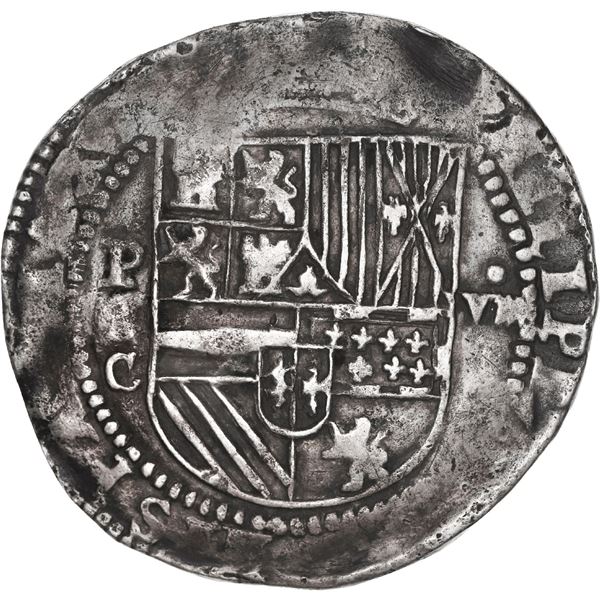 BOLIVIA, Potosí, cob 8 reales, Philip II, assayer C below erased B/L, rare, ex-Woodside.