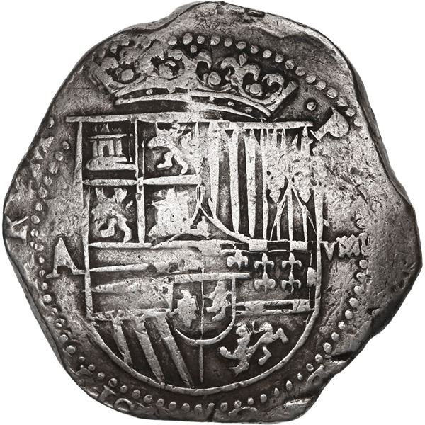 BOLIVIA, Potosí, cob 8 reales, Philip II, assayer A, variety with denomination as "oVIIII" (rare).