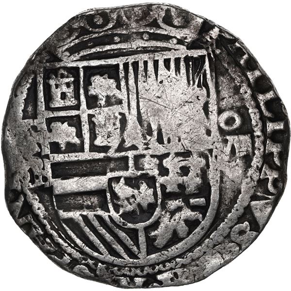 BOLIVIA, Potosí, cob 8 reales, Philip II, assayer B (5th period, border of x's on obverse, early sty