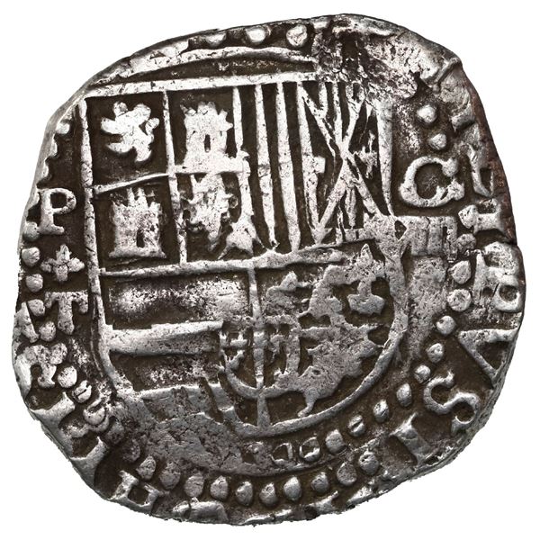 BOLIVIA, Potosí, cob 8 reales, Philip III, assayer T, lions and castles transposed in cross and in s
