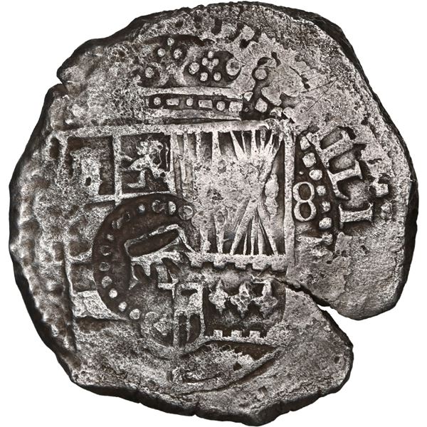 BOLIVIA, Potosí, cob 8 reales, 1651 E, with crown-alone countermark on shield.