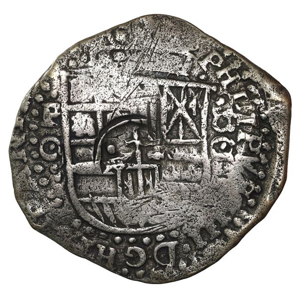 BOLIVIA, Potosí, cob 8 reales, 1650/49 O, very rare, with crowned-•F• (two dots) countermark on shie