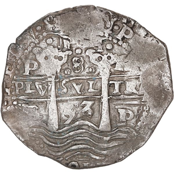 BOLIVIA, Potosí, cob 8 reales, 1653 E, •PH• at top, •pomegranate• above cross.