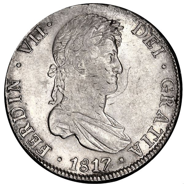 BOLIVIA, Potosí, bust 8 reales, Ferdinand VII, 1817 PJ, PCGS AU55.