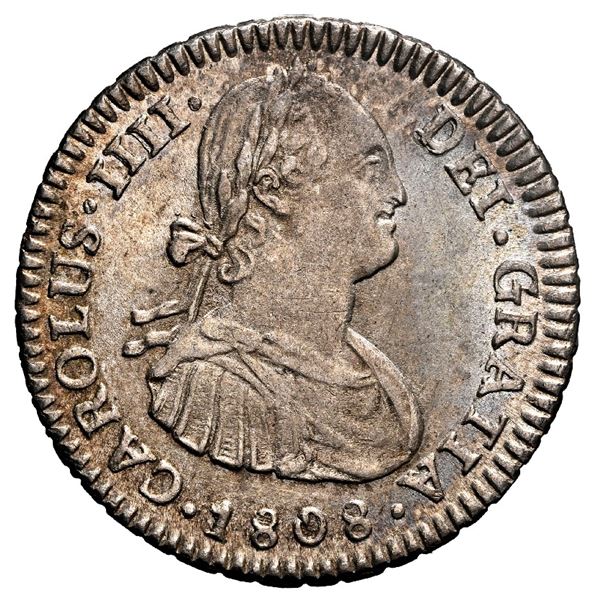 BOLIVIA, Potosí, bust 1 real, Charles IV, 1808 PJ, NGC MS 64, "top pop" in NGC census.