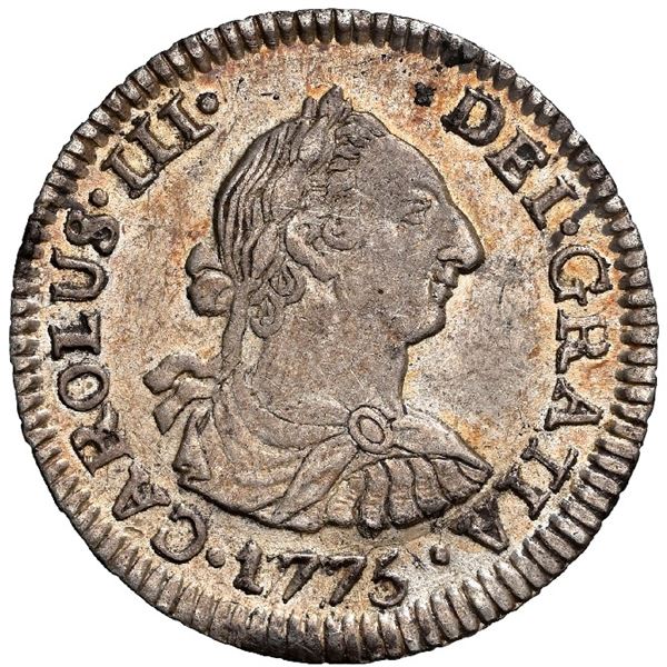 BOLIVIA, Potosí, bust 1/2 real, Charles III, 1775 JR, NGC AU 58, "top pop" in NGC census.