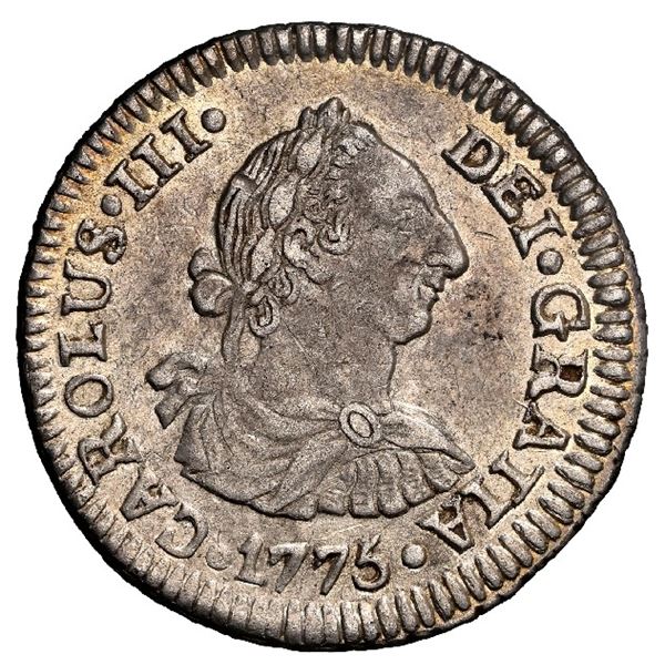 BOLIVIA, Potosí, bust 1/2 real, Charles III, 1775 JR, NGC AU 58,  top pop  in NGC census.