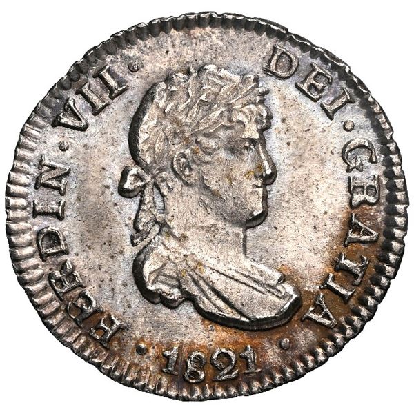 BOLIVIA, Potosí, bust 1/2 real, Ferdinand VII, 1821 PJ, NGC MS 64.