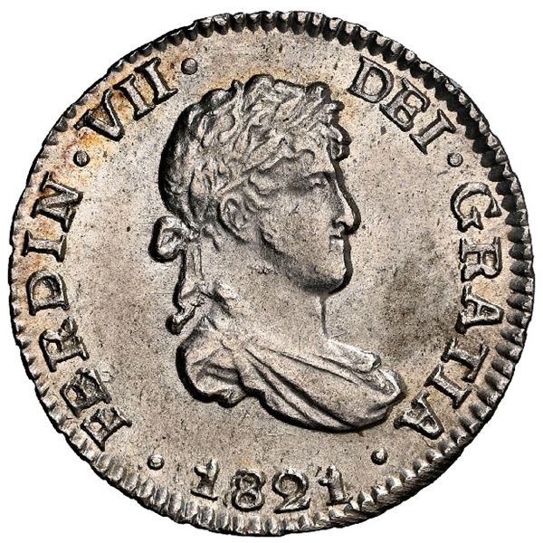 BOLIVIA, Potosí, bust 1/2 real, Ferdinand VII, 1821 PJ, NGC MS 62.