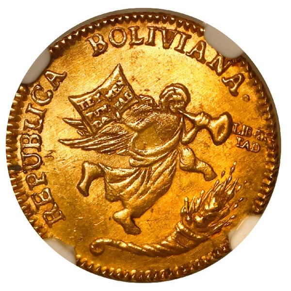 BOLIVIA, Potosí, gold 1 scudo monetary medal, 1839, NGC UNC details / rev scratched, ex-Brown.