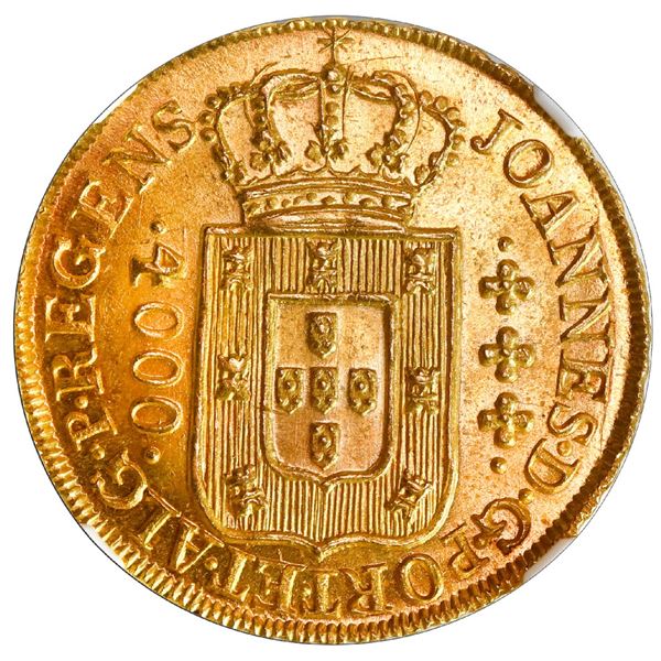 BRAZIL, Rio, gold 4000 reis, João Prince Regent, 1813/2-R, NGC MS 65.