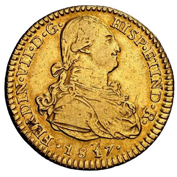 CHILE, Santiago, gold bust 2 escudos, Ferdinand VII (bust of Charles IV), 1817 FJ, NGC XF details / 