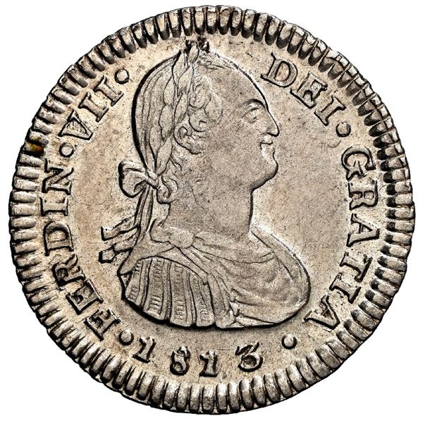 CHILE, Santiago, bust 1 real, Ferdinand VII (bust of Charles IV), 1813 FJ, NGC AU 58 (Val y Mexia Co