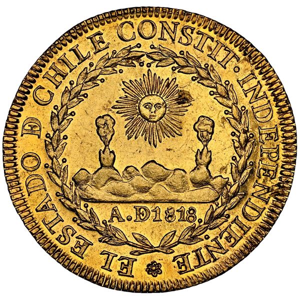 CHILE, Santiago, gold 8 escudos, 1820 FD, NGC MS 62, "top pop" in NGC census, ex-Millennia.