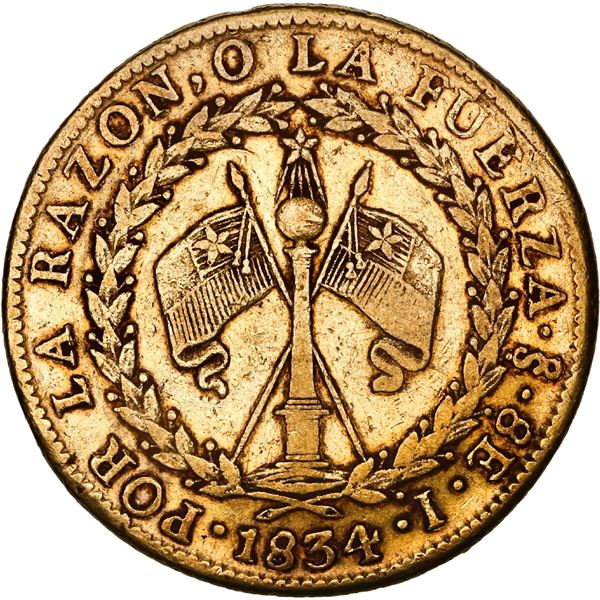 CHILE, Santiago, gold 8 escudos, 1834 I, rare assayer.