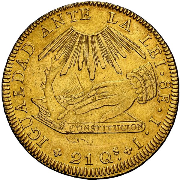 CHILE, Santiago, gold "hand on book" 8 escudos, 1836 IJ, struck over an earlier Chilean 8 escudos, N