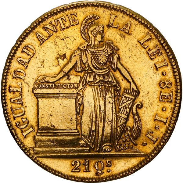 CHILE, Santiago, gold 8 escudos, 1844 IJ, SETIEMBRE on edge.