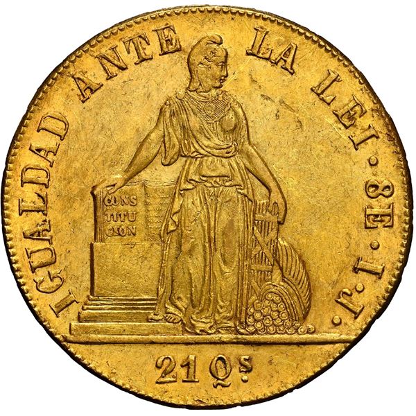 CHILE, Santiago, gold 8 escudos, 1847 IJ, OCTUBRE on edge, NGC AU details / cleaned.