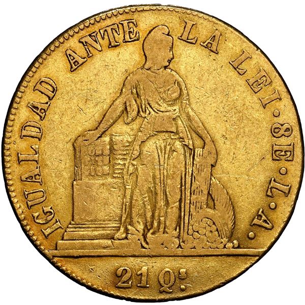 CHILE, Santiago, gold 8 escudos, 1851 LA, JUNIO on edge, NGC VF 35.