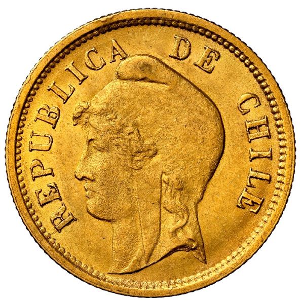CHILE, Santiago, gold 10 pesos, 1895, NGC MS 63 (Val y Mexia Collection Label).