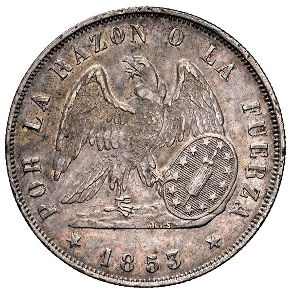 CHILE, Santiago, 1 peso, 1853, NGC AU 53 (Val y Mexia Collection Label).