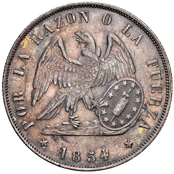 CHILE, Santiago, 1 peso, 1854, NGC AU 55 (Val y Mexia Collection Label), ex-Whittier Collection.