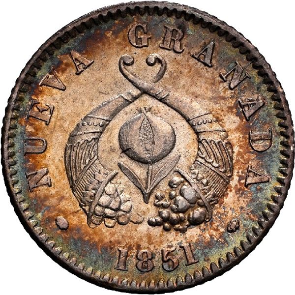 COLOMBIA, Bogotá, 1/2 real, 1851, NGC MS 64.