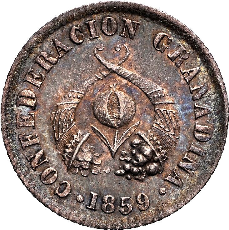 COLOMBIA, Bogotá, 1/2 décimo, 1859, rare, NGC MS 63,