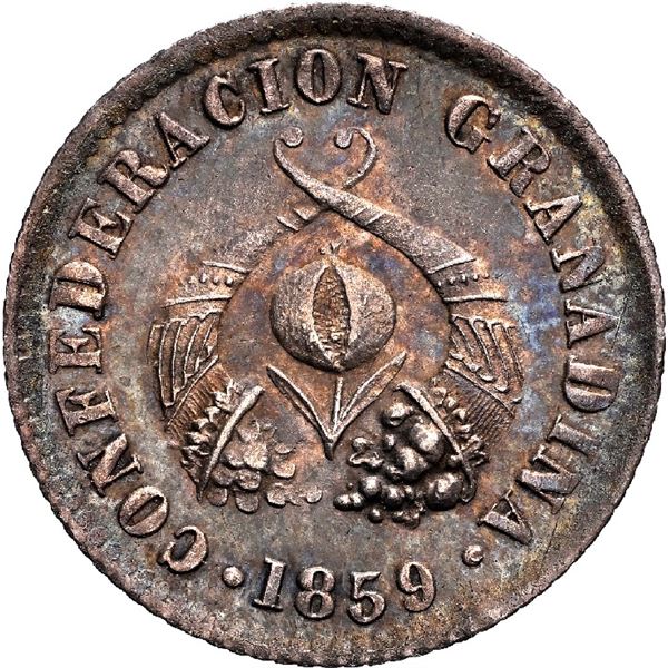 COLOMBIA, Bogotá, 1/2 décimo, 1859, rare, NGC MS 63, "top pop" in NGC census, ex-Lissner.