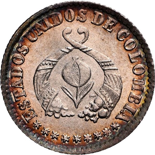 COLOMBIA, Bogotá, 1/2 décimo, 1863, NGC MS 66+, finest known in NGC census.