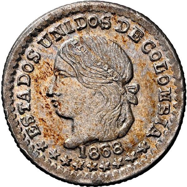 COLOMBIA, Medellín, 1/2 décimo, 1868, NGC MS 65, finest known in NGC census.