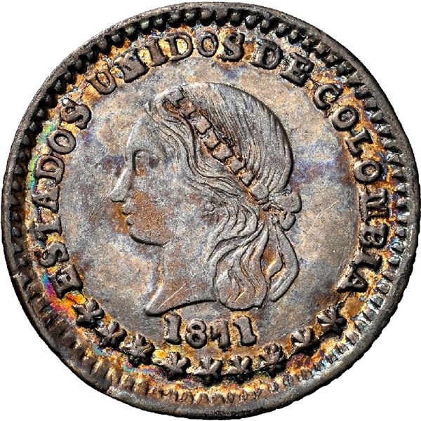 COLOMBIA, Medellín, 1/2 décimo, 1871, NGC AU 55, finest known in NGC census.