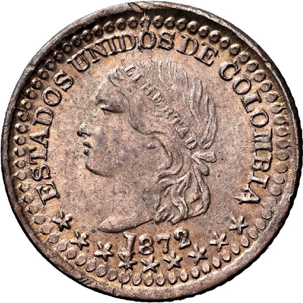 COLOMBIA, Bogotá, 5 centavos, 1872, NGC MS 64, finest known in NGC census, ex-Dana Roberts.
