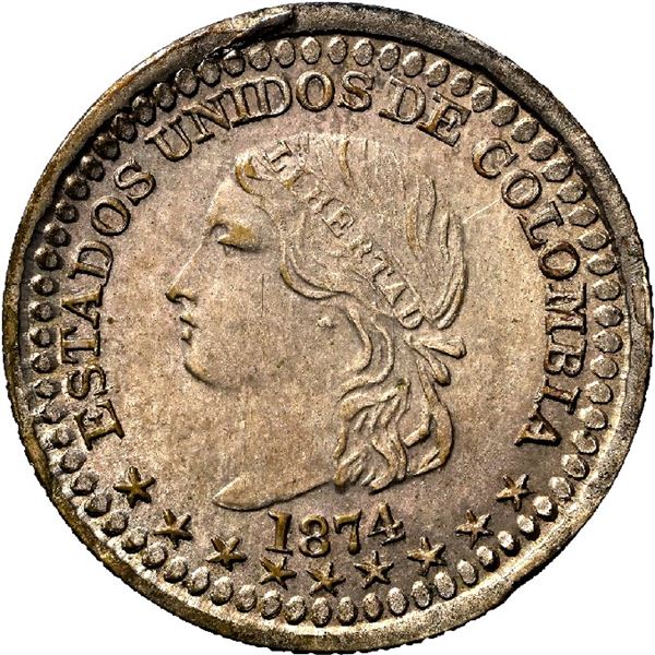 COLOMBIA, Bogotá, 5 centavos, 1874, NGC MS 64, ex-Lissner.