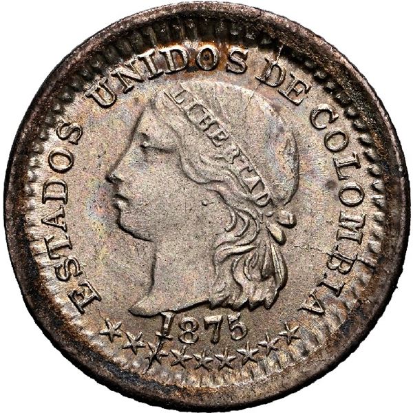 COLOMBIA, Bogotá, 5 centavos, 1875, NGC MS 65, finest and only example in NGC census.