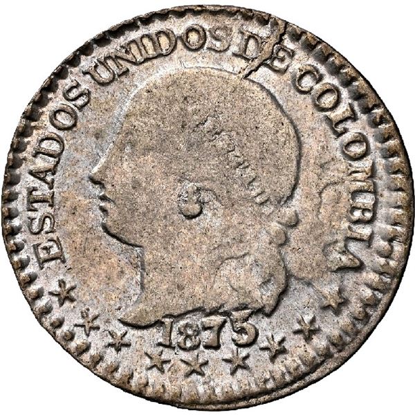 COLOMBIA, Popayán, 1/2 décimo, 1875, fineness 0,666, without AB, very rare, NGC MS 62, finest known