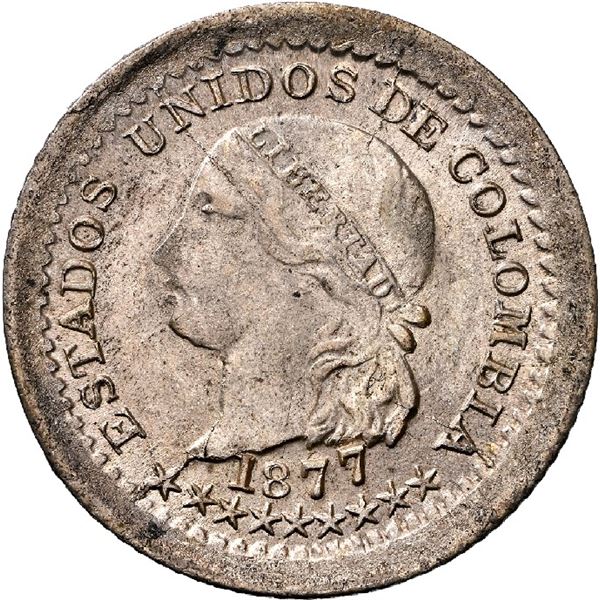 COLOMBIA, Bogotá, 5 centavos, 1877, NGC MS 65, ex-Eldorado.