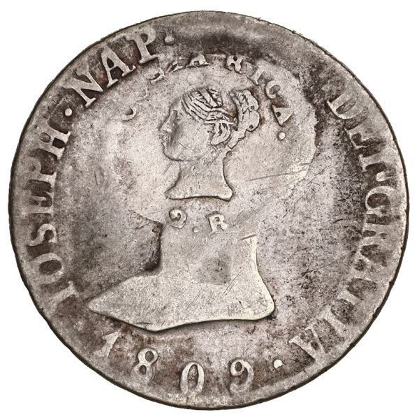 COSTA RICA, 2 reales, female head / ceiba tree double countermark (Type III, 1845) on a Madrid, Spai