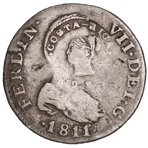 COSTA RICA, 2 reales, female head / ceiba tree double countermark (Type III, 1845) on a Catalonia (T